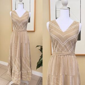 DKNY Beige Striped Casual Midi Dress with Waist Tie Size 6